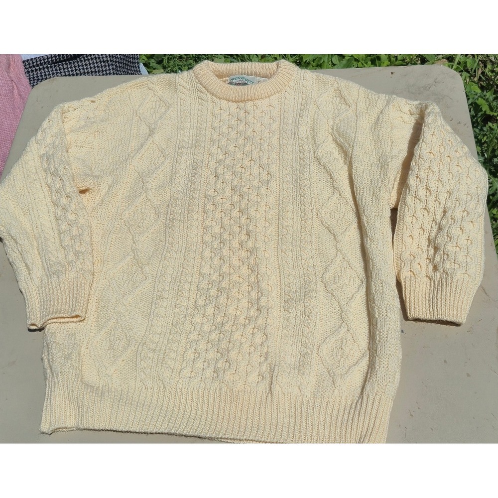 Aran Crafts Ireland Wool Cable Knit Sweater‎ Cream Off White Fisherman Mens XL